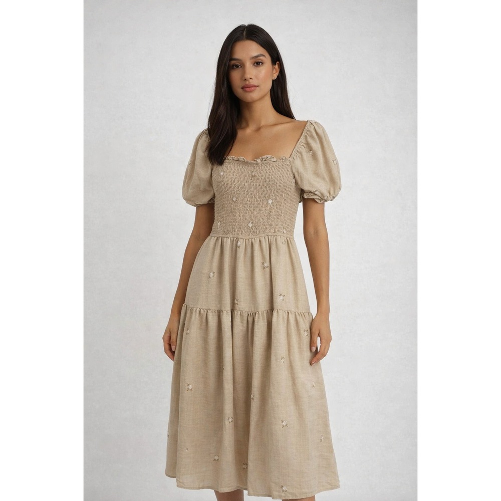 August Sky Milkmaid Prairie Country Dress Womens L Tan Embroidered Cottagecore